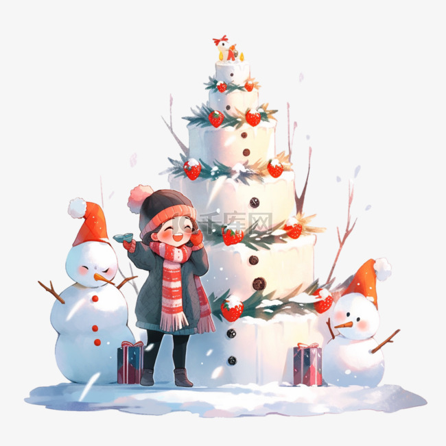 圣诞节可爱女孩手绘元素雪人卡通