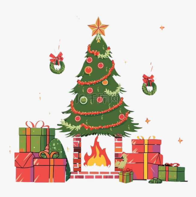 圣诞节圣诞树壁炉手绘元素卡通