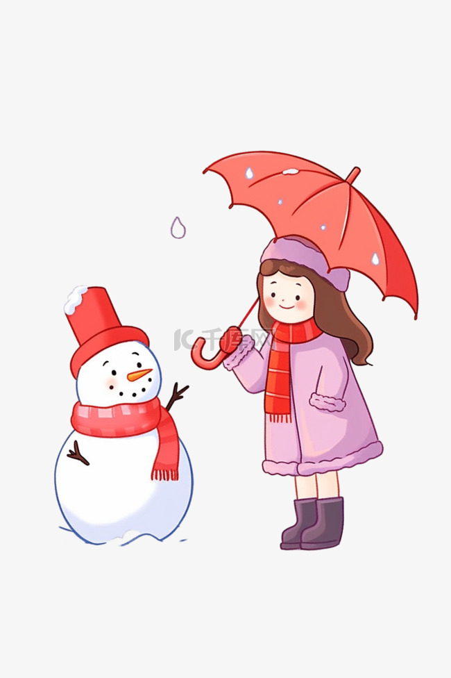 冬天拿伞女孩雪人手绘卡通元素