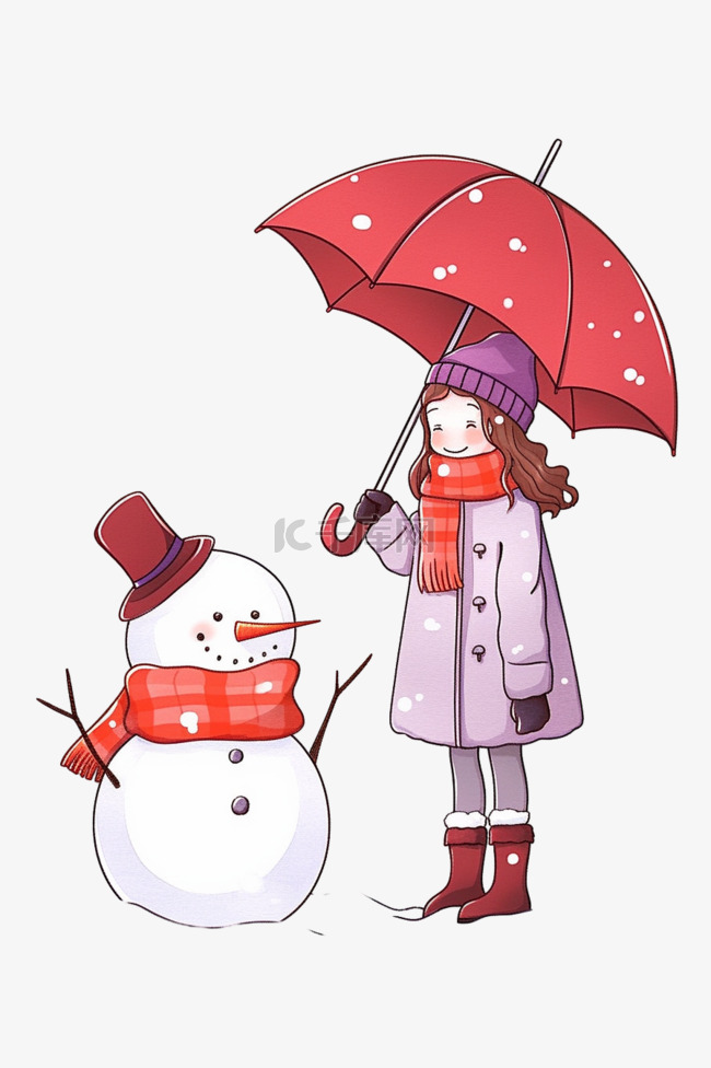 冬天拿伞女孩雪人卡通元素手绘