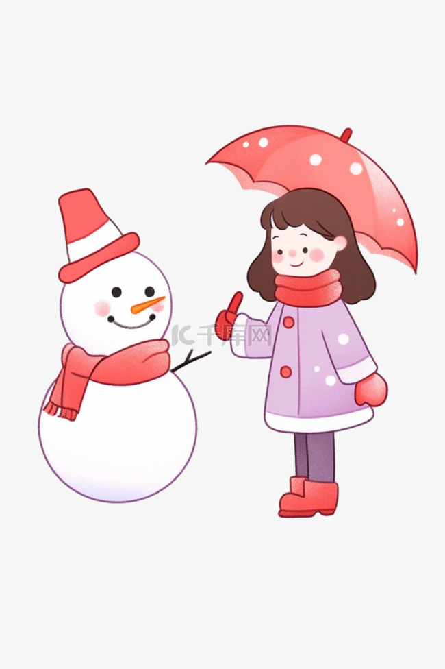 卡通冬天拿伞女孩雪人手绘元素