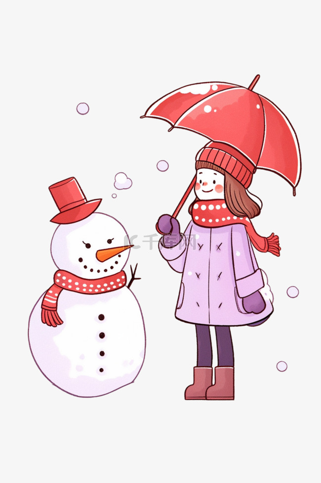 手绘元素冬天拿伞女孩雪人卡通