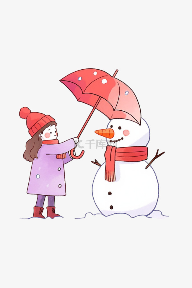 冬天手绘元素拿伞女孩雪人卡通