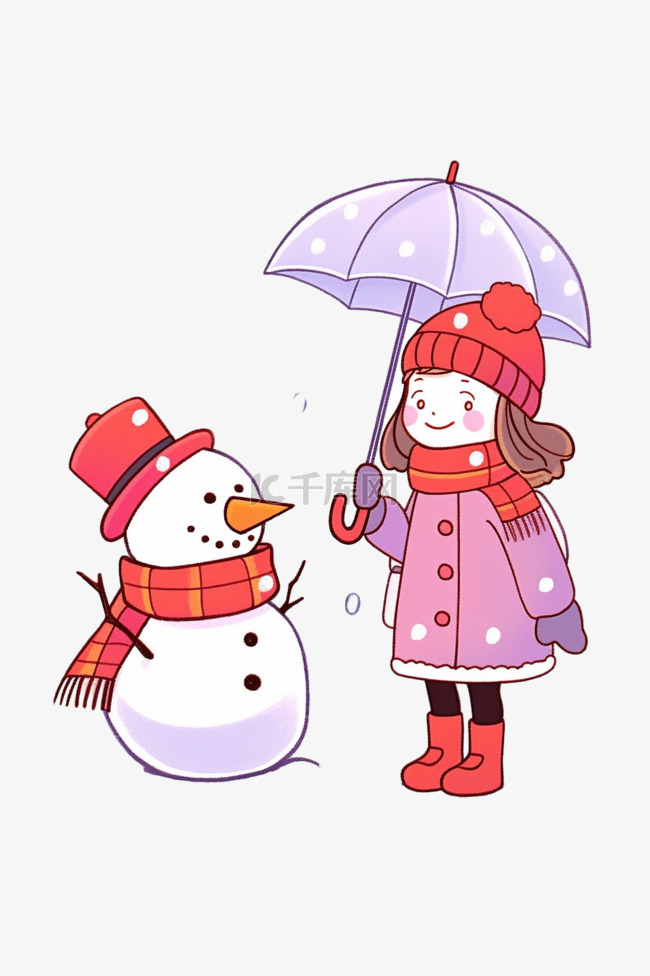 拿伞女孩冬天雪人卡通手绘元素