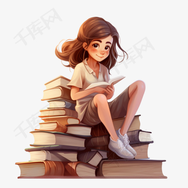 坐在一堆书上学习的女孩