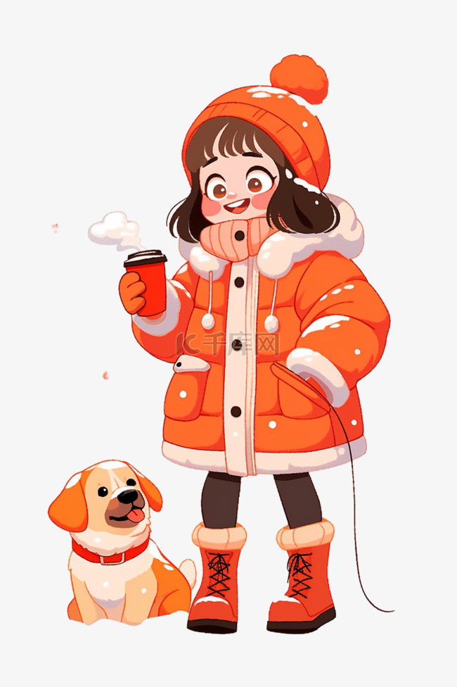 冬天可爱女孩宠物咖啡手绘卡通元