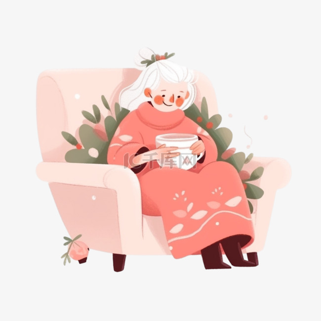 冬天手绘元素慈祥奶奶喝咖啡卡通