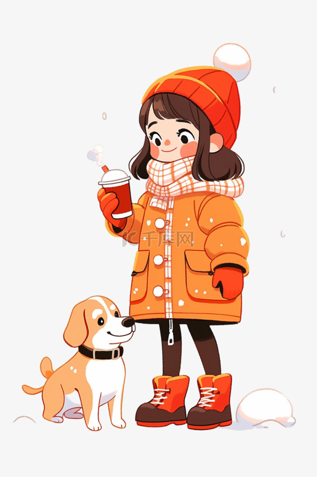 冬天可爱女孩宠物咖啡卡通手绘元