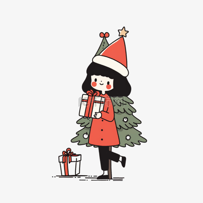 圣诞节圣诞树手绘可爱女孩卡通元