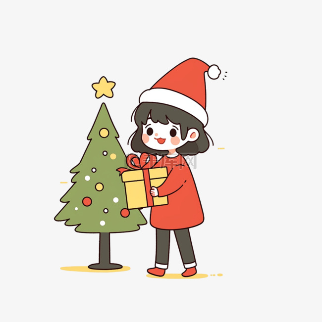 圣诞树圣诞节可爱女孩卡通手绘元
