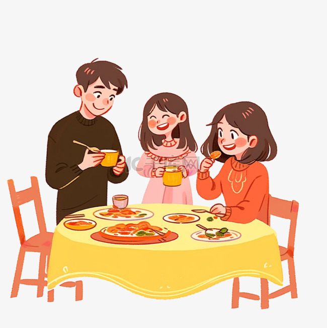 手绘元素新年团圆一家人吃饭卡通