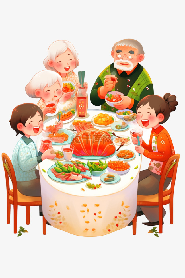 一家人聚餐卡通新年手绘元素