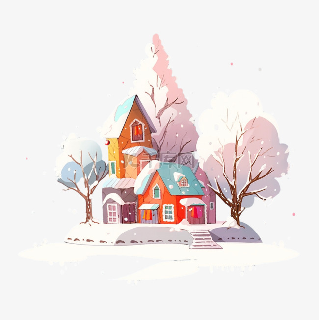 冬天彩色房子雪天手绘插画卡通