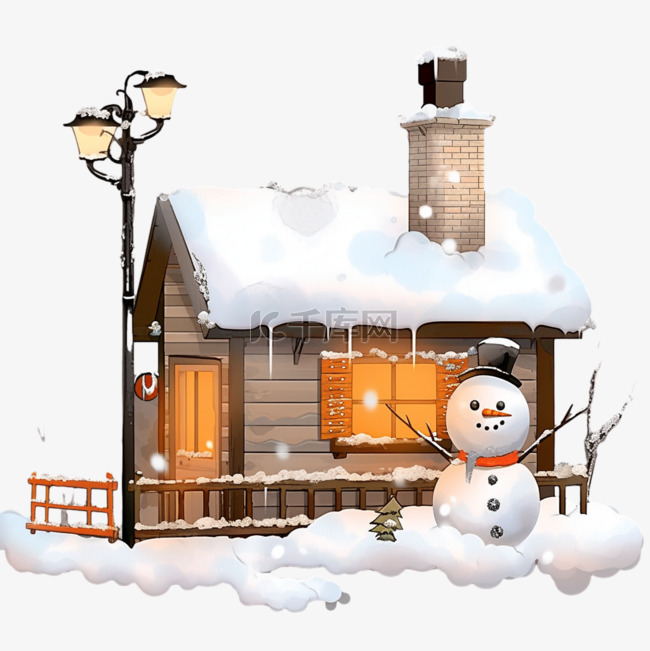 雪人冬天落雪的木屋松树卡通手绘