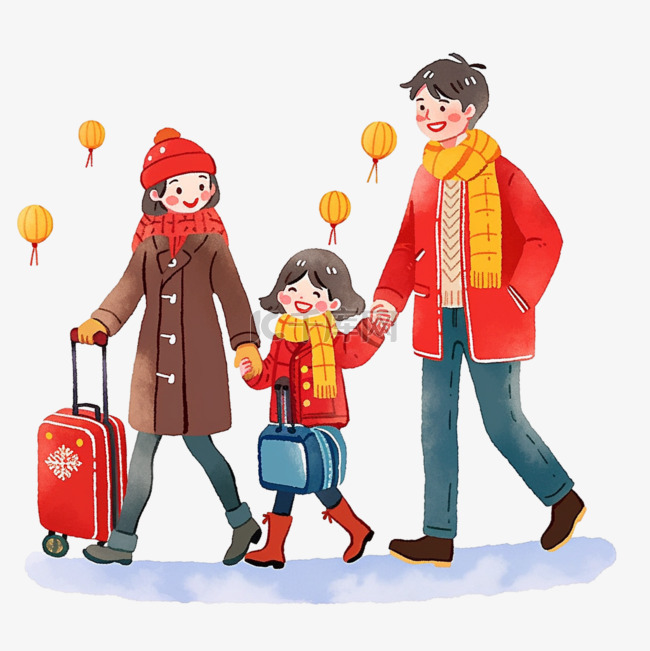 新年手绘元素三口人旅游冬天卡通