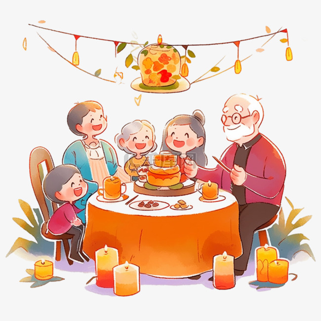 新年家人聚餐团圆卡通手绘元素