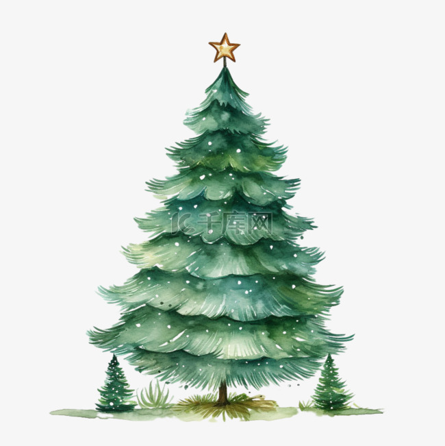 绿色水彩手绘圣诞树免扣元素