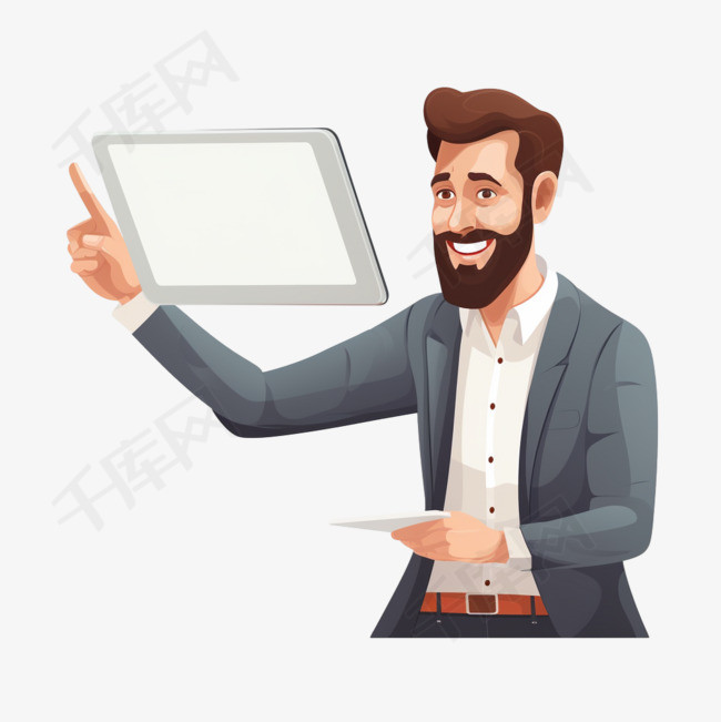 男人用手指指着手中的平板电脑