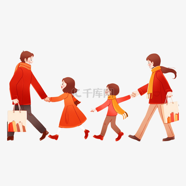 新年卡通手绘一家人购物拜年元素