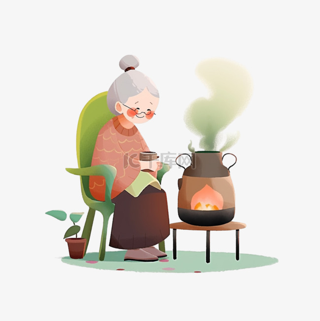 冬天暖炉慈祥奶奶卡通手绘元素