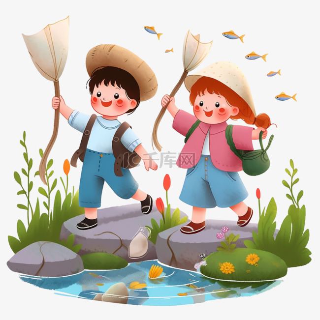 春天手绘孩子河边钓鱼卡通元素