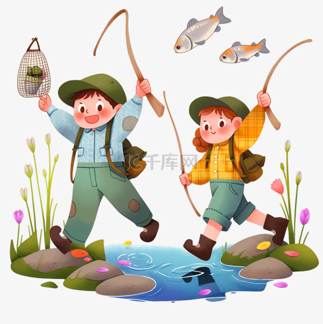 春天孩子卡通河边钓鱼手绘元素