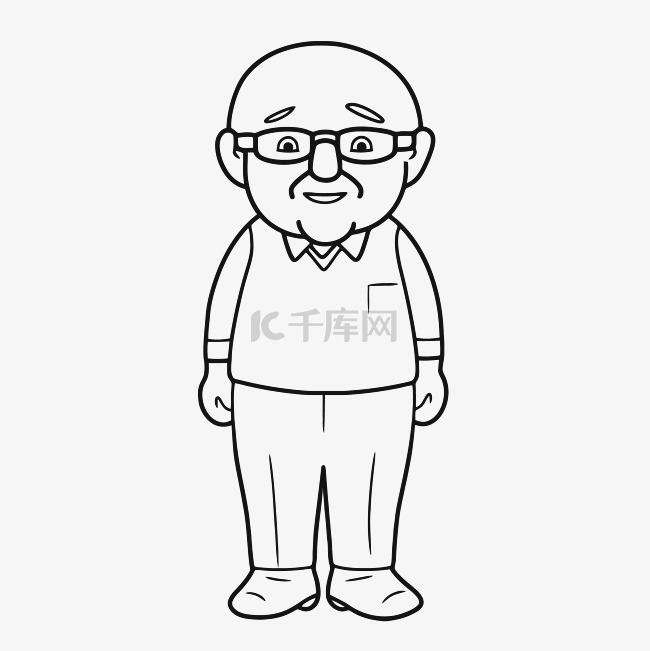 一个戴眼镜的老人着色页轮廓素描