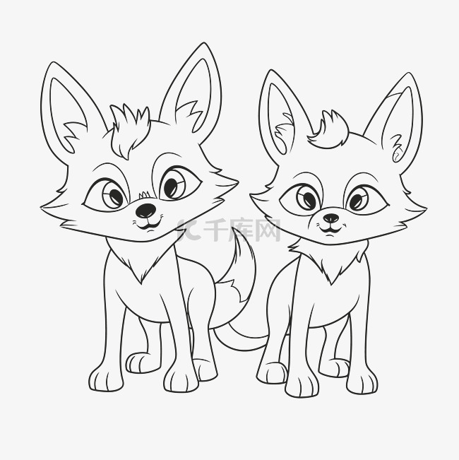 两只狐狸着色页轮廓素描 向量