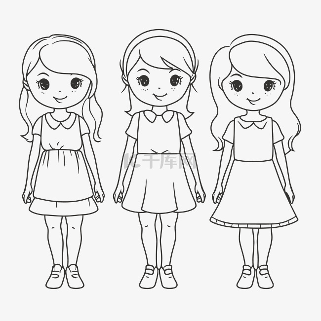三个女孩着色页轮廓素描 向量