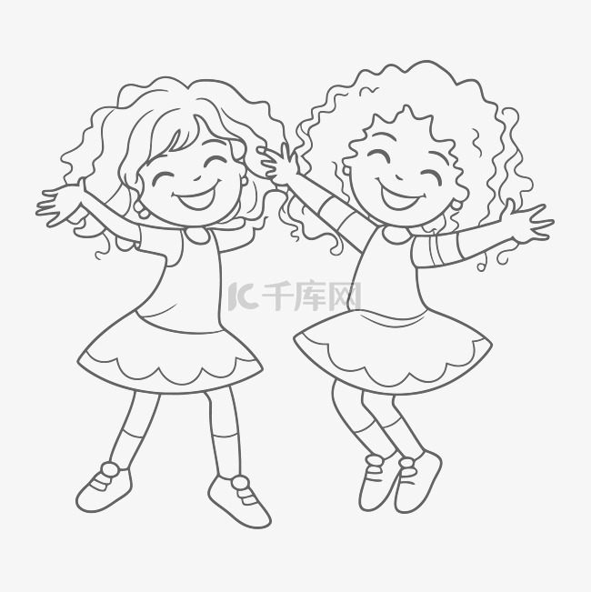 两个女孩用手一起跳舞着色页轮廓