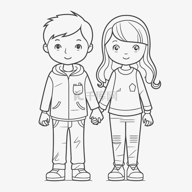 男孩和女孩牵手着色页轮廓素描 