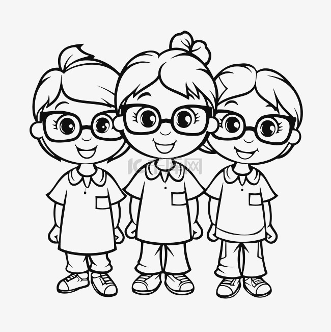 三个戴着眼镜的幼儿涂色页轮廓素