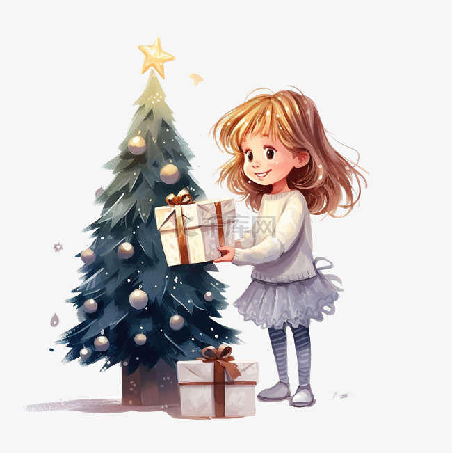 快乐美丽的女孩站在节日圣诞树旁
