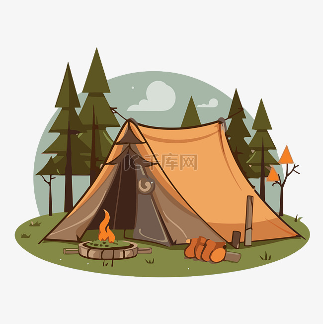 露营剪贴画 露营帐篷与火和树林