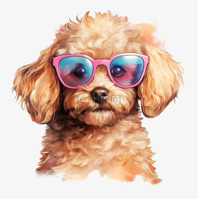 水彩有趣的贵宾犬小狗戴着墨镜a