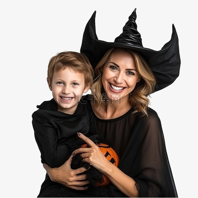 母亲和儿子在女巫和魔鬼服装家庭