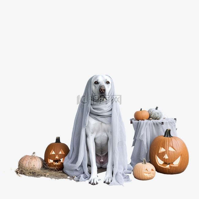 一只穿着鬼魂服装的狗站在为庆祝