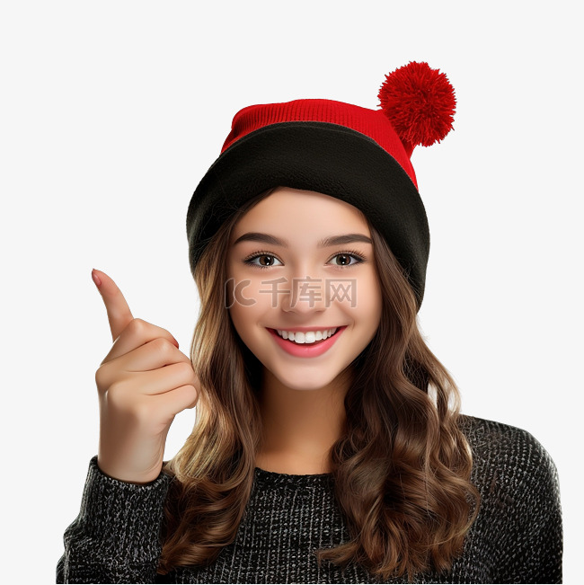 戴着圣诞帽的女孩用食指指着一个
