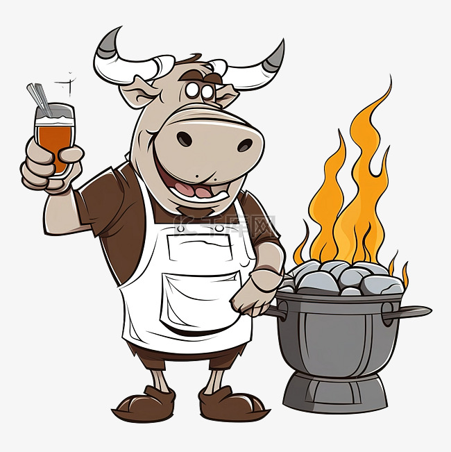 概述公牛烧烤厨师卡通吉祥物人物