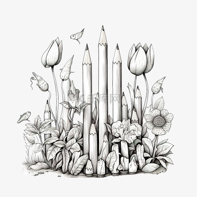 小植物卡通铅笔画风格花园里的动