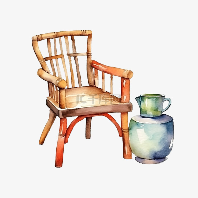 水彩木椅和陶瓷茶壶