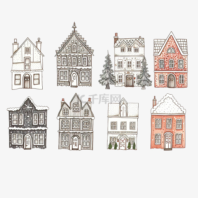 房屋插画圣诞贺卡套装手绘建筑