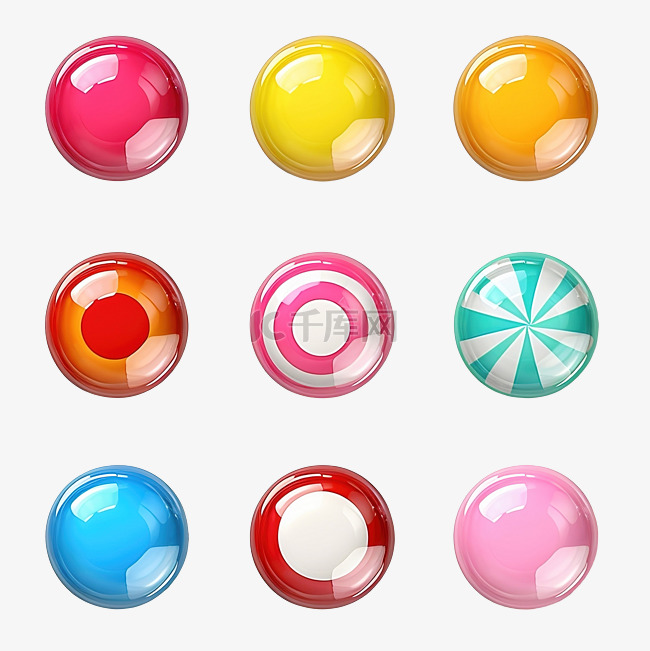 彩色糖果按钮设置隔离多个角度 