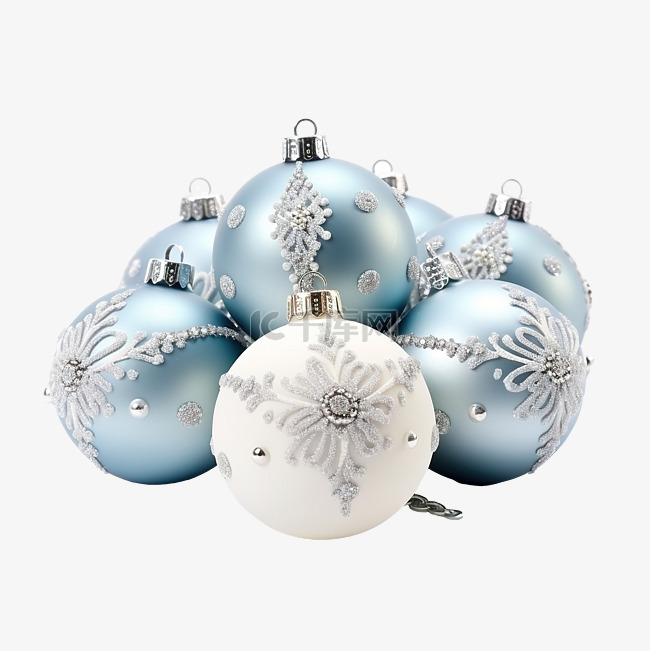 凉爽的蓝色和白色装饰圣诞球，带