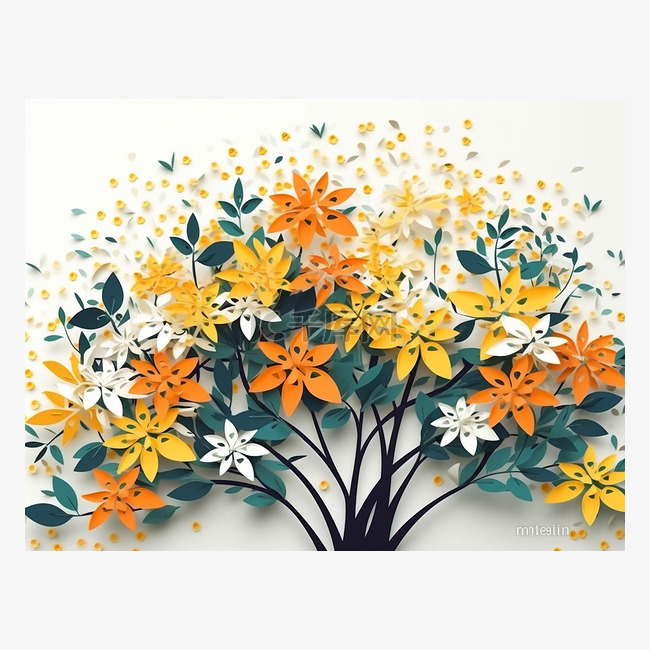 开着黄色和橙色花朵的纸艺树