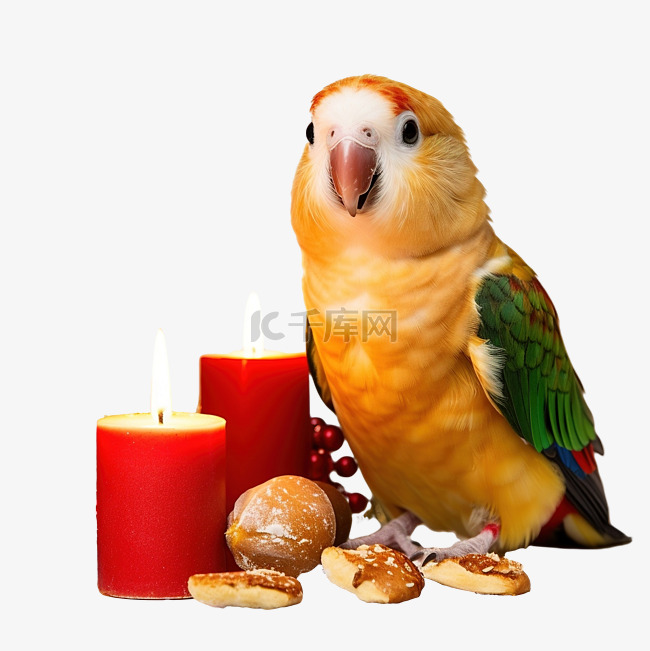 帆船鸟坐在红色圣诞蜡烛上，手里