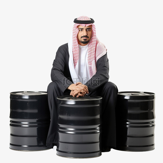阿拉伯商人坐在油桶上