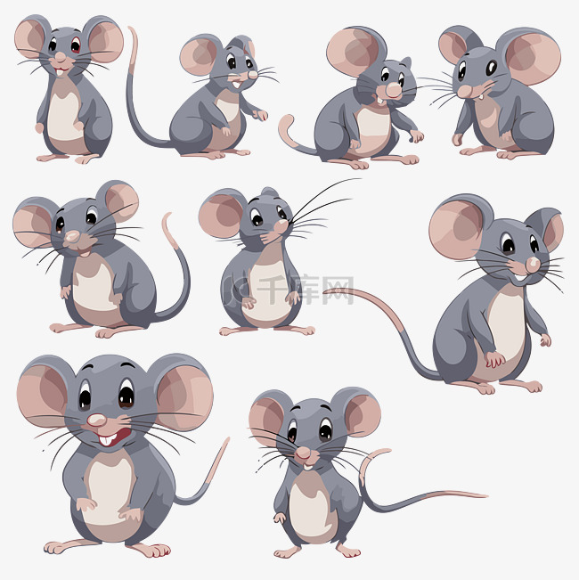 老鼠剪贴画 不同姿势的灰老鼠卡
