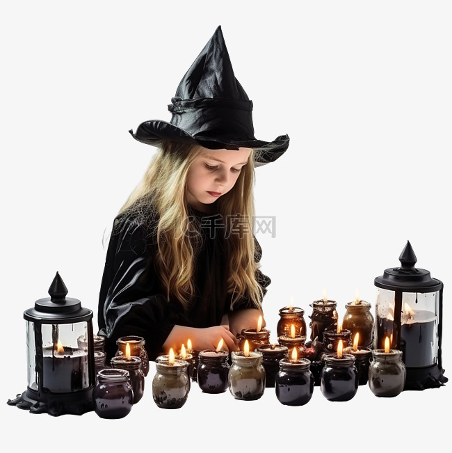 小女巫在万圣节之夜用蜡烛在她的