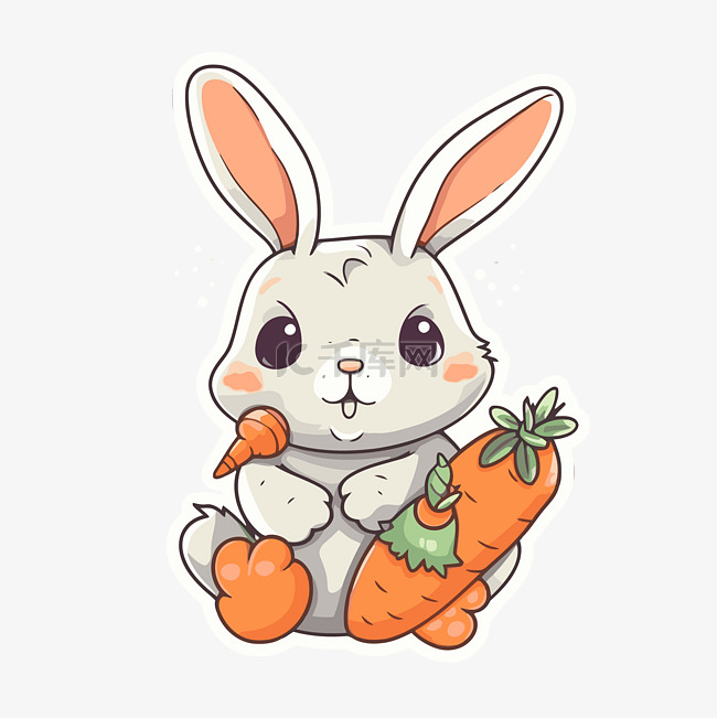 可爱的兔子与胡萝卜贴纸灰色背景
